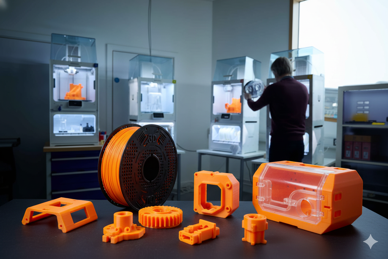 Granja de impresión de piezas 3D usando filamento PETG de 3DFils