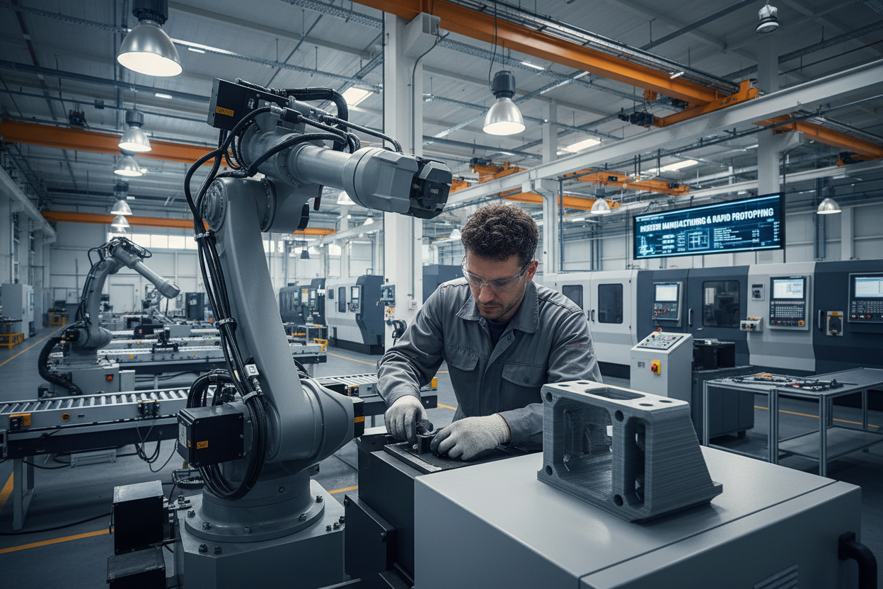 Quiero una imagen de una fabrica de fondo y sobre una maquina una pieza de repuesto impresa en 3D mientras que un profesional esta realizando la reparación